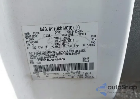 2006 Ford F150 из США, поврежденный, VIN 1FTPX14506FA96806